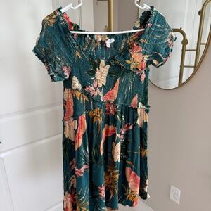 Patrons of Peace Smocked Off Shoulder Tropical Mini Dress